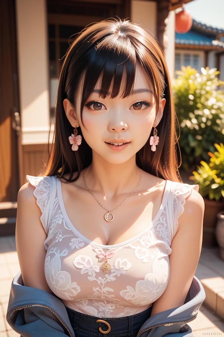 (masterpiece:1.0), (best quality:1.4), (ultra highres:1.2), (delicate illustration:1.4),(8k, RAW photo:1.2), (soft focus:1.4), grown woman, (30yo:1.3), (sharp focus:1.4), (Japanese:1.0),(china:0.5), ((Liu Yi Fei)),black hair, High quality, masterpiece, masterpiece, exquisite facial features, exquisite hair, exquisite eyes, exquisite colored hair, 4K quality, gorgeous light and shadow,(masterpiece),(best quality),(1girl), round eyes and long hair, shot outside, vibrant colors, symmetrical face, perfect skin, volumetric lighting, stunning environment, highly detailed, ultra realistic, posing,hick lips, beautiful lips, intricate hair ornament,cinematic light,bright light,bright colors, bokeh background,(flower background),earrings,large breasts,hands behind your back,