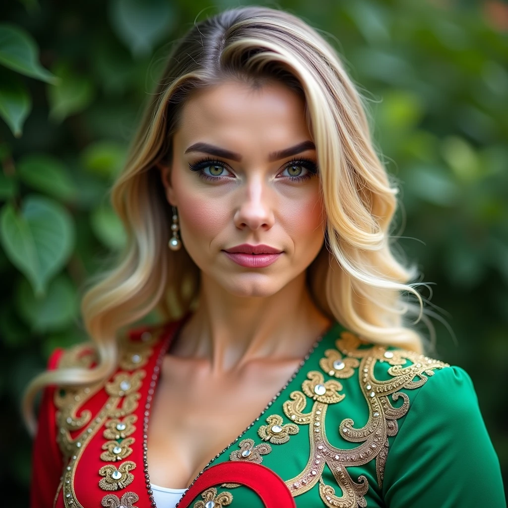Raw, best quality, high resolution, masterpiece: 1.3) A blonde, plump woman wearing a black and white embroidered and patterned dress.. Algeria flag drawn in white and green, perfect clarity of the entire image, sharpness of the face and eyes, intricate details 64k 32k HDset green nature background