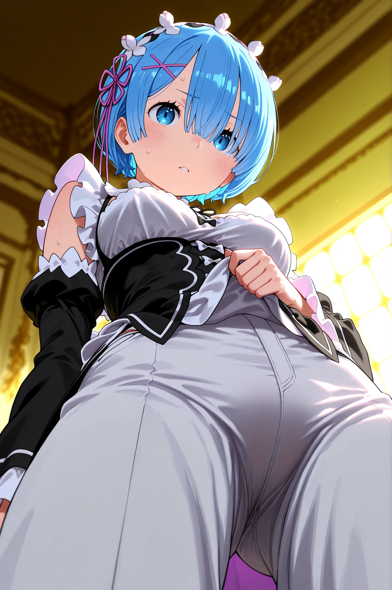 Meisterwerk, (realistisch), high-res, hochdetailliert, kompliziert, Beautiful women, rote Haare, blaue Augen, Sommersprossen, detailliertes Gesicht, looking at viewer, smile, Rem, from behind, big ass, great ass, maid outfit, focus on ass, flipped skirt, white panties, on bed
