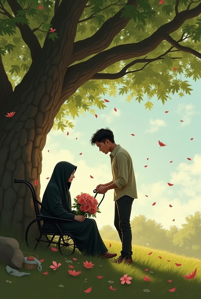 Men with covered face in a proposing position rose in a hand giving it to the 5 year old girl