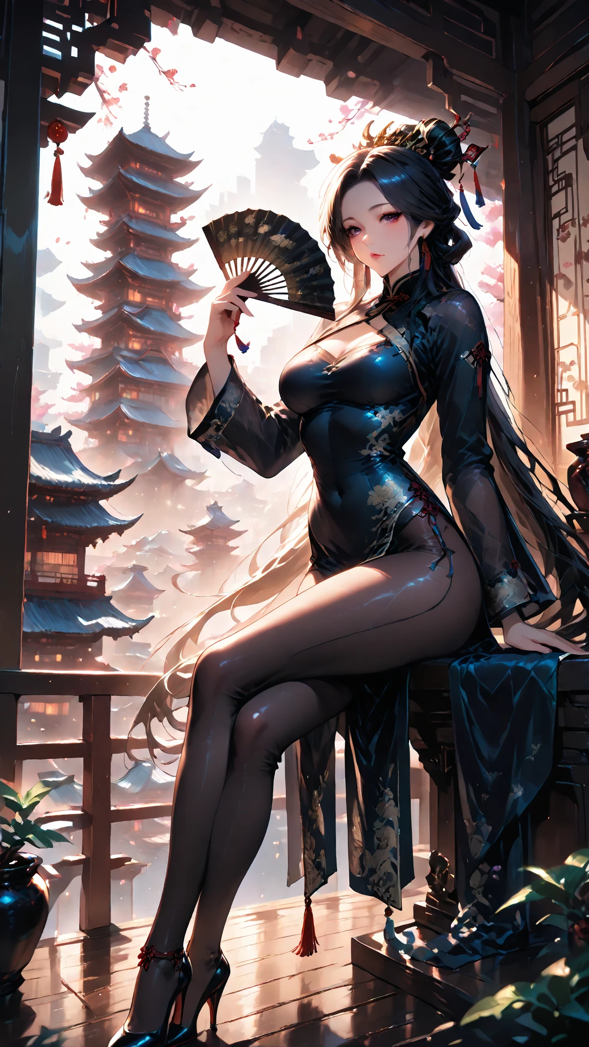 ((extremely detailed 8k illustration)), highres, (extremely detailed and beautiful background), ultra detailed painting, professional illustrasion, Ultra-precise depiction, Ultra-detailed depiction, (beautiful and aesthetic:1.2), HDR, (depth of field:1.4), colorful, vivid, beautiful detailed glow light particles, intricate:1.4, <lora:GoodHands-beta2:1>, nice hands, perfect hands, 
(young girl), ((kawaii)), (highly detailed beautiful face and eyes, big breasts, firm breasts), oily skin, ((black hair,black eyes, (bob with short ponytail hair))), thin pubic hair, cute lovely, cheerful disposition, (shiny clothes:1.5), (china dress), (chinese jacket:1.5), (harem pants), (frilled legwear), (high heels), full face blush, ((fingersmile)), temptation, 
A weathered yet enchanting old inn, tucked away in the night, lit by lanterns. The atmosphere is bewitching, the place whorehouse,
