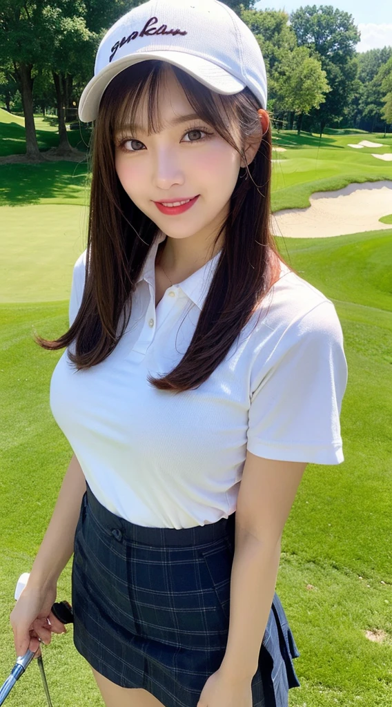 Highly detailed CG Unity 8k wallpaper, with the best quality, Super detailed, masterpiece, realistic, Realistic Photos, Highly detailed cute girl, 1, solo、slender, tall 165cm, (golf wear) , (golf mini flared skirt) , (hugging a golf driver), (wearing golf gloves)、smile , round eyes, slender body, small breasts、viewers watching, full body shot , golf course , (patting_line watching style), on green, ((squat pose)), Sun visor, ((low angle photo)), (panties), beautiful pussy, nsfw, ribbon, ponytail, tongue out,