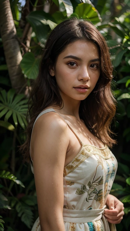 (best quality,ultra-detailed,photorealistic),young woman,beautiful eyes,detailed lips,pensive expression,soft lighting,vibrant colors,,long flowing hair,stylish outfit, jungle background,colorful flowers,natural sunlight,serene atmosphere, natural round , hourglass figure, 4k details,