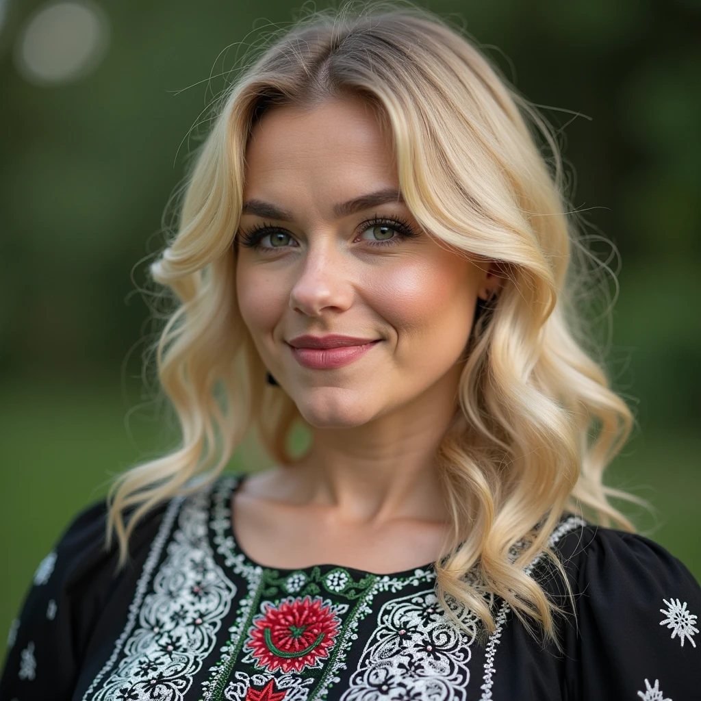 Close-up of a blonde, plump woman wearing a black and white embroidered and patterned dress. Algeria flag drawn in white and green, perfect clarity of the entire image, sharpness of the face and eyes, intricate details 64k 32k HDset green nature background 