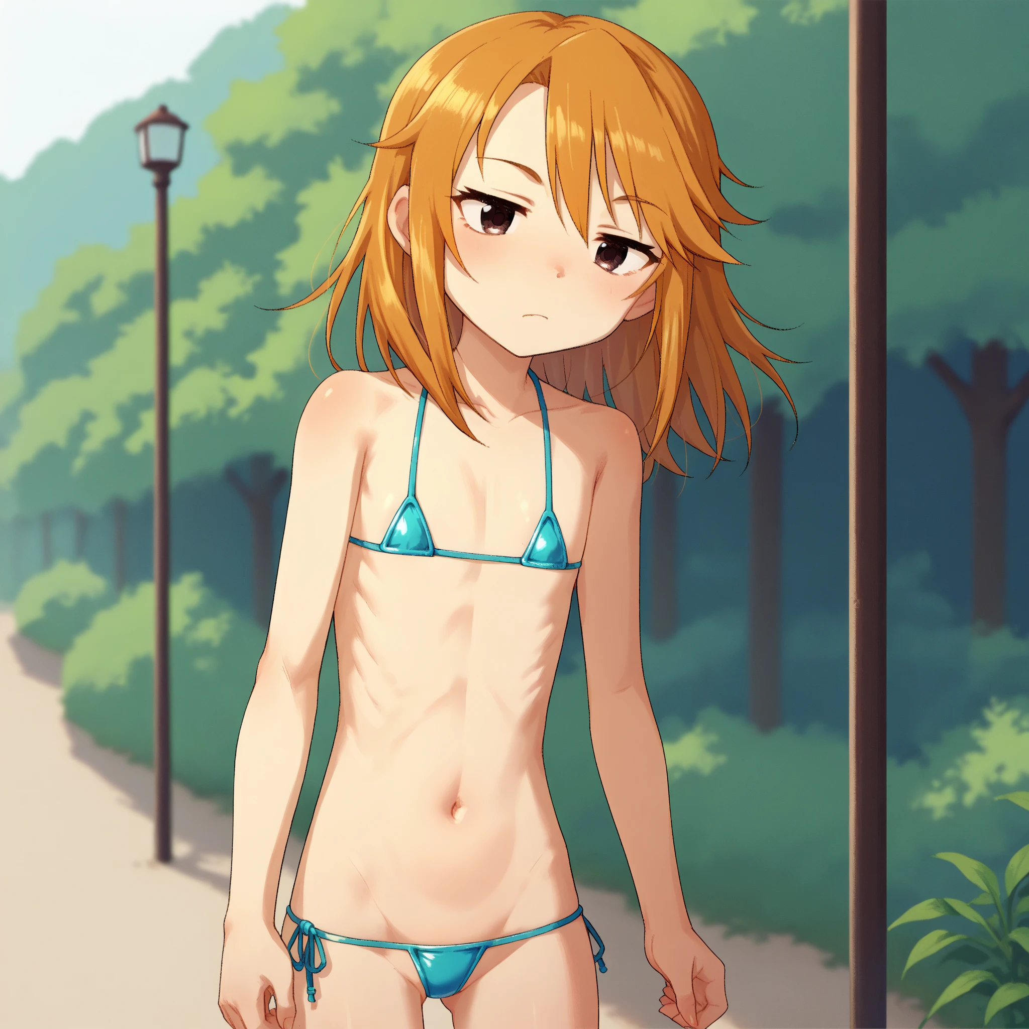 1girl, blonde hair, breasts, small breasts, micro bikini, navel, solo, swimsuit <lora:exmicronew:1> ,<lora:mskobayashi:1>, kobayashi \(maidragon\), red hair, glasses, yellow eyes, blue bikini, armpit, hands behind head, blush, on street,