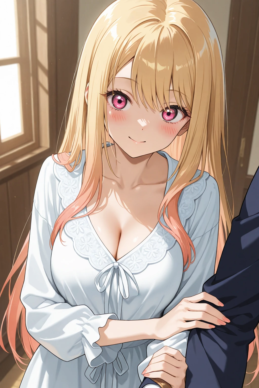 (extremely detailed CG unity 8k wallpaper), (masterpiece), (best quality), (ultra-detailed), (best illustration), (best shadow), (absurdres), 1girl, solo, pefrect face, perfect eyes, large breasts, shining breasts, close the camera, standing, shining breast, sfw, safe, ,marin kitagawa, long hair, bangs, blonde hair, (red eyes:1.5), multicolored hair, no dress, purple lace lingerie, purple lace bra, wet white jacket 