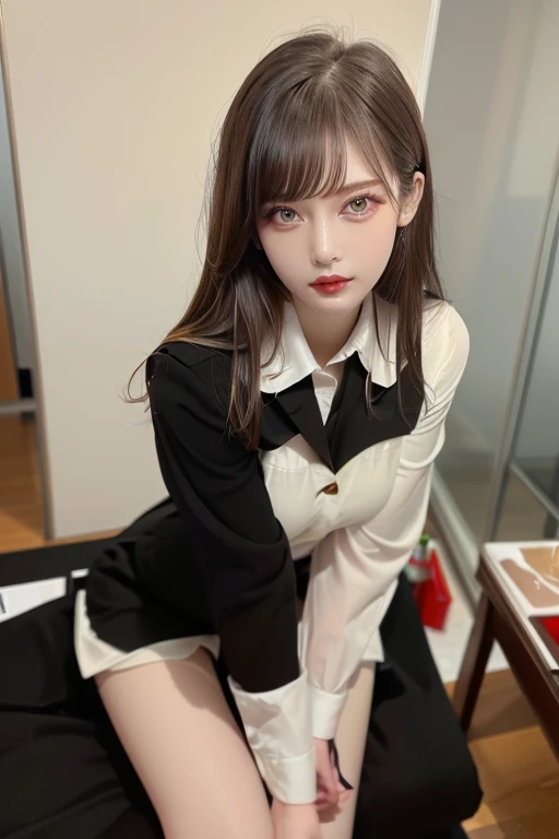 Fascinating beauty、Evil Female Executive、whiteshirt、Black pleated skirt、Black pantyhose、long curls、charming oval face、二重まぶた、Clear eyes、Purple eyeshadow、Red Lip、Beautiful thin legs、toned ankles、The ultra -The high-definition、The ultra-detailliert、Graceful standing、Create a slender lower body curve、Express adult femininity、top-quality、8K、ultra-detailliert、Soio、9 head body、Night、Move ki、The Darkness、seductiv、Brainwashed、Evil Fall、wicked、darkness
