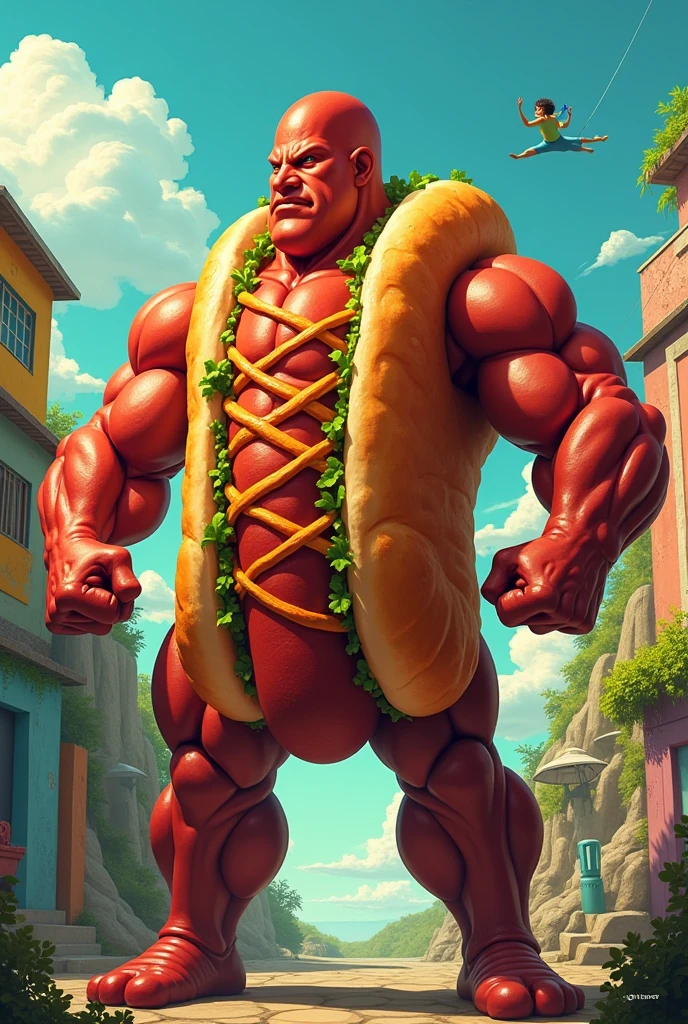 Giant, evil hot dog the size of a skyscraper with arms and legs and a very angry face