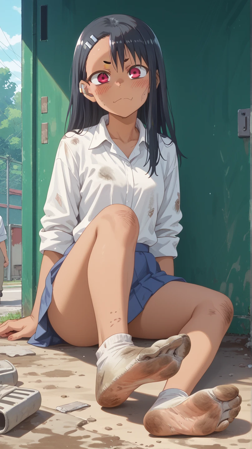 highest quality, Ultra-high resolution, (Realistic: )2D official style cel animation,((Sitting Girl))Blue Check Mini Skirt,summer shirt,(Lace panties),loose socks,sneakers,Full body portrait,(shirase sakuya),Station stairs,sunny,Embarrassed face,from the front
