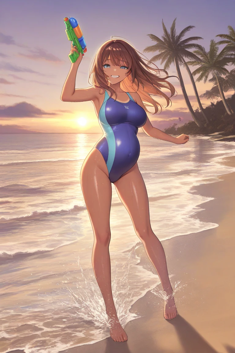 (best quality,4k,8k,highres,masterpiece:1.2),ultra-detailed,(realistic,photorealistic,photo-realistic:1.37),HDR,UHD,studio lighting,ultra-fine painting,sharp focus,vivid colors,bokeh,portrait of 1girl,teenage Japanese girl with long flowing hair,wearing a mini sheer swimsuit,standing on a summer beach,golden sand,crystal clear water,gentle waves,lush palm trees in the background,sunlight reflecting off the water,beautiful detailed eyes,beautiful detailed lips,smiling expression,tan skin,summer breeze,rays of sunlight,soft shadows