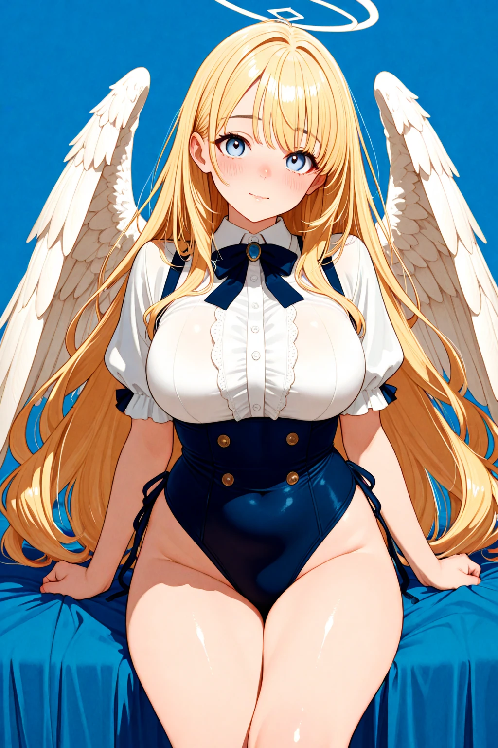 {full body},wariza,sitting,looking down,from below,{upskirt},dynamic angle, dynamic cut,naughty smile,macrophilia,{white wings},{angel},{{very muscular}},{{very muscle}},{very curvy},(very tall woman},{very long legs},{very gigantic breasts},{very big breasts},{two side up},{very grown-up body},{adult},blonde hair,barefoot,cute dress shirt frills ribbon split corset skirt,best quality,solo,white background