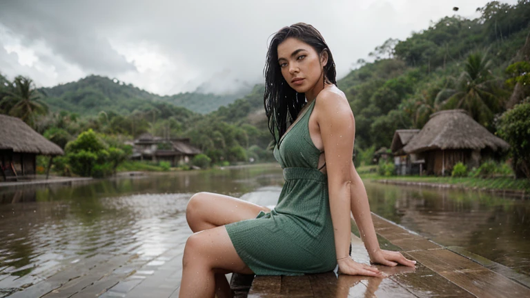 (masterpiece:1.2, Best Quality), 1 girl, 30 years, Beautiful woman, perfect face, Brazilian traits, Curvy body, big chest, slender, detailed eyes, sharp eyes, Leaning forward, in front of the viewer, fitted mini dress, Strappy sandals, blouse down, sensual, sitting on a stone bench, by the wavy cut, nature, yoga sensual, serene spaces.