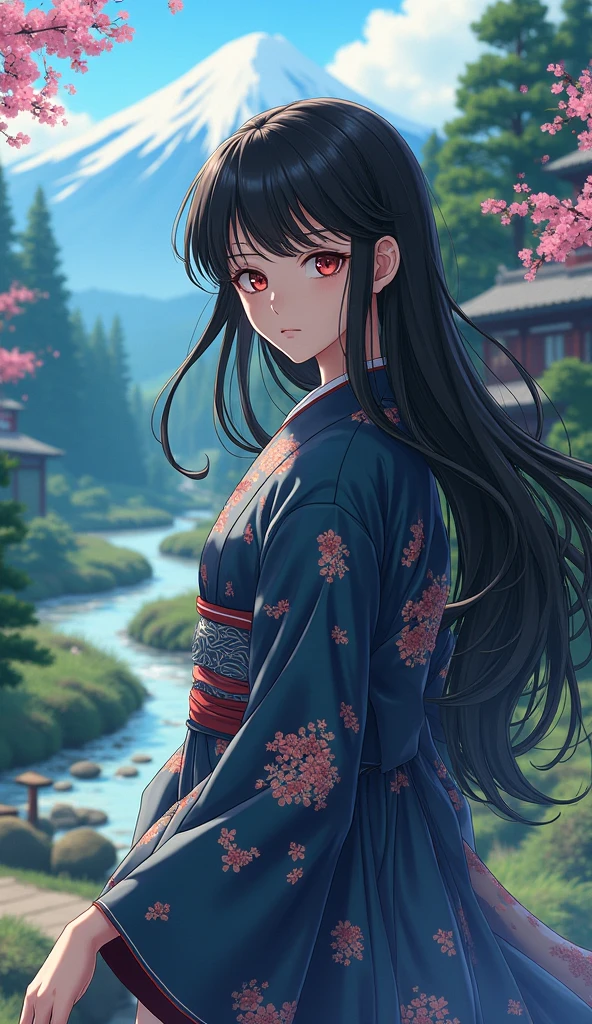 A woman with black hair, a green eye and a red eye, pale skin, and freckled cheeks wearing a black kimono with cherry blossom and a red obi and a green lily of the valley in her hair