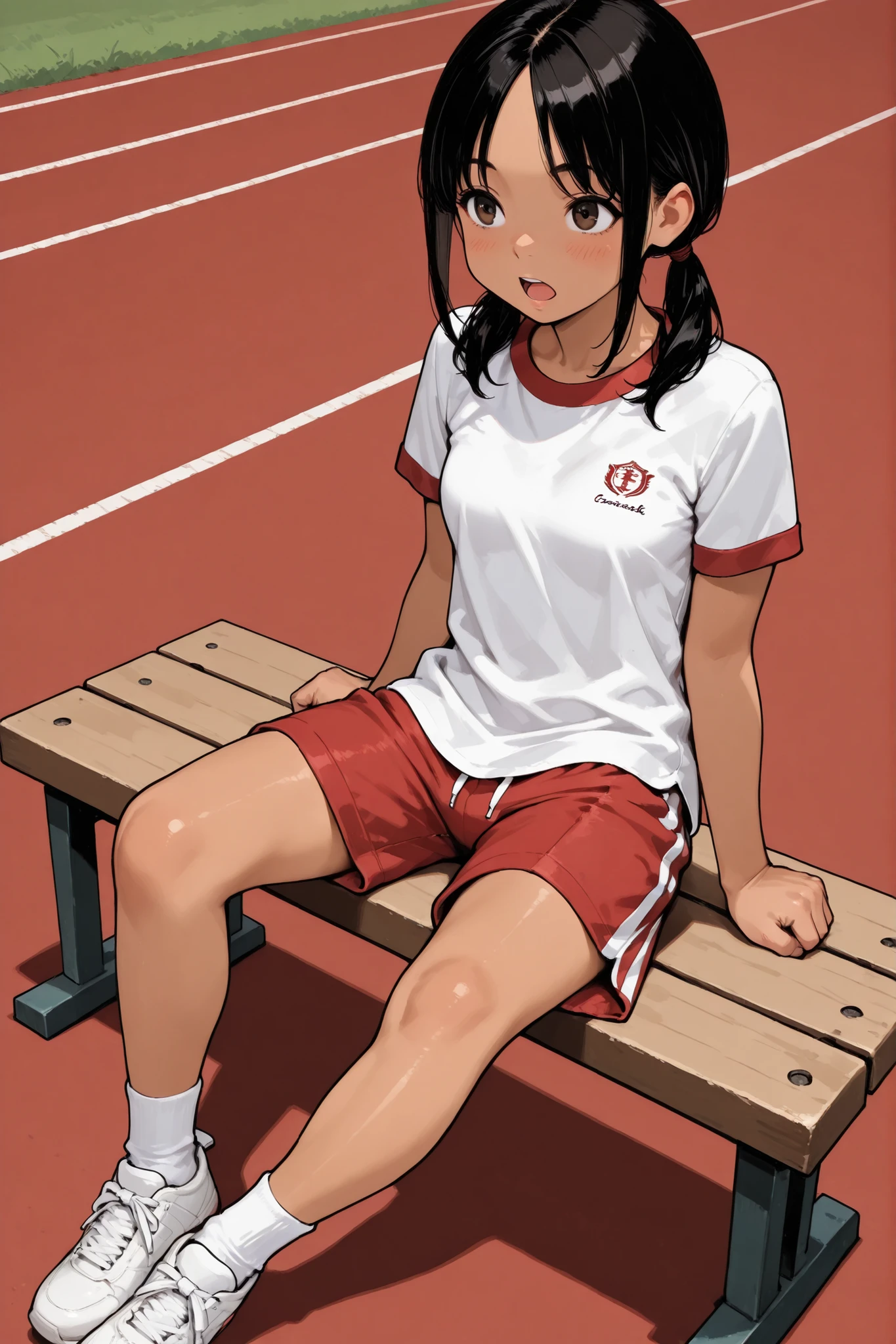 1girl,Super Detailed,absolute resolution,(dynamic angles),(tanned skin:0.3),((pinup)), on schoolyard,Sitting on bench,(clenched hands),white shirt,gym shirt,((untucked shirt)),((red oversized track shorts)),white ankle socks,white sneakers,,detailed and beautiful face and eyes,black hair,big brown eyes, medium hair, straight hair,((low twin tails)),(parted bangs), (sidelocks),(messy hair:0.3),small breasts,(blush:0.5),(nose blush:0.5),((open mouth)),