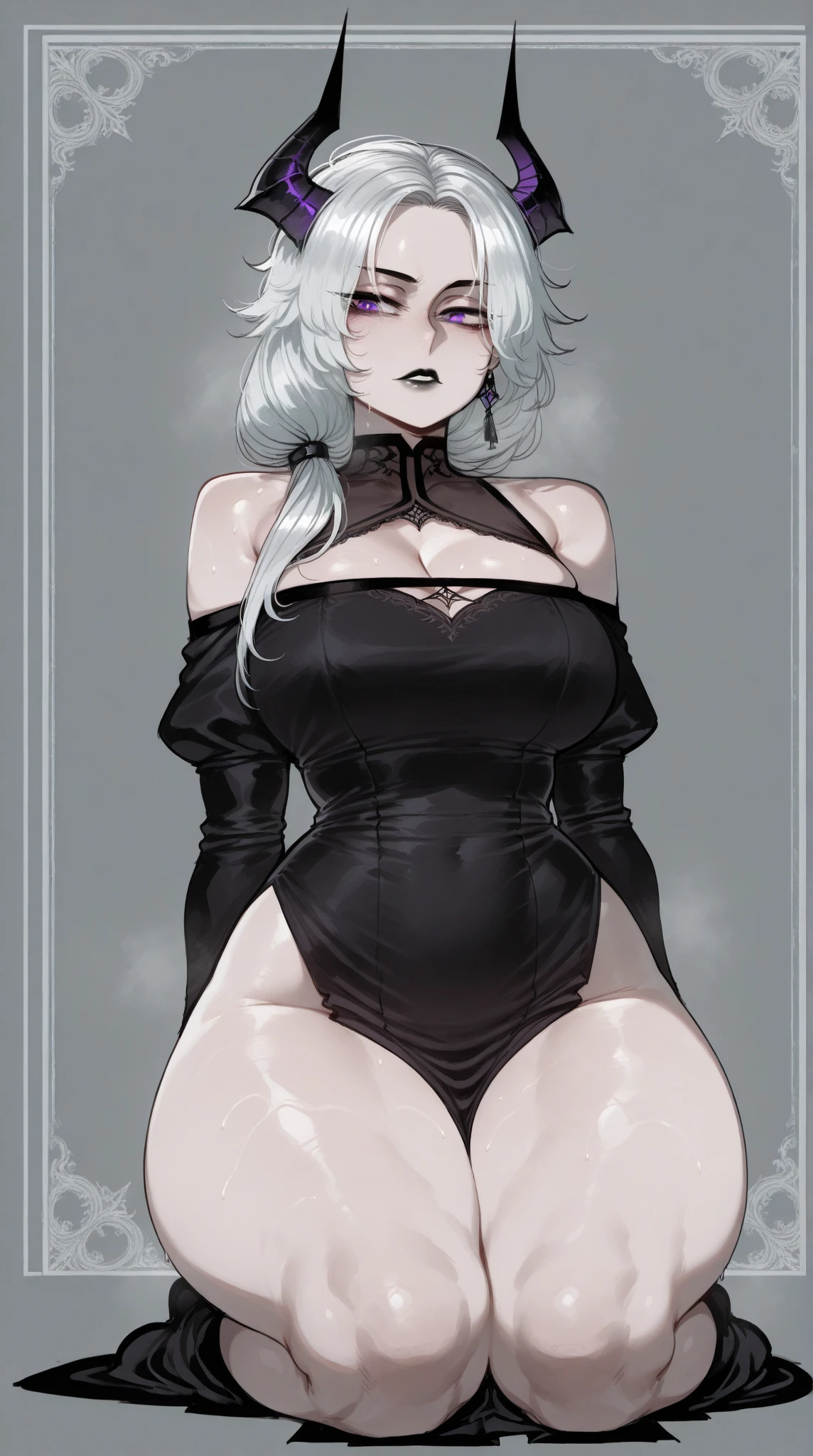 1girl, white hair, breasts, large breasts, wide hips, high ponytail, ponytail, long ponytail, large ponytail, pixie cut, very short hair, leotard, black leotard, cleavage cutout, sleeveless, elbow gloves, fingerless gloves, thighhighs, smile, full body, ((full body)), standing, footwear,