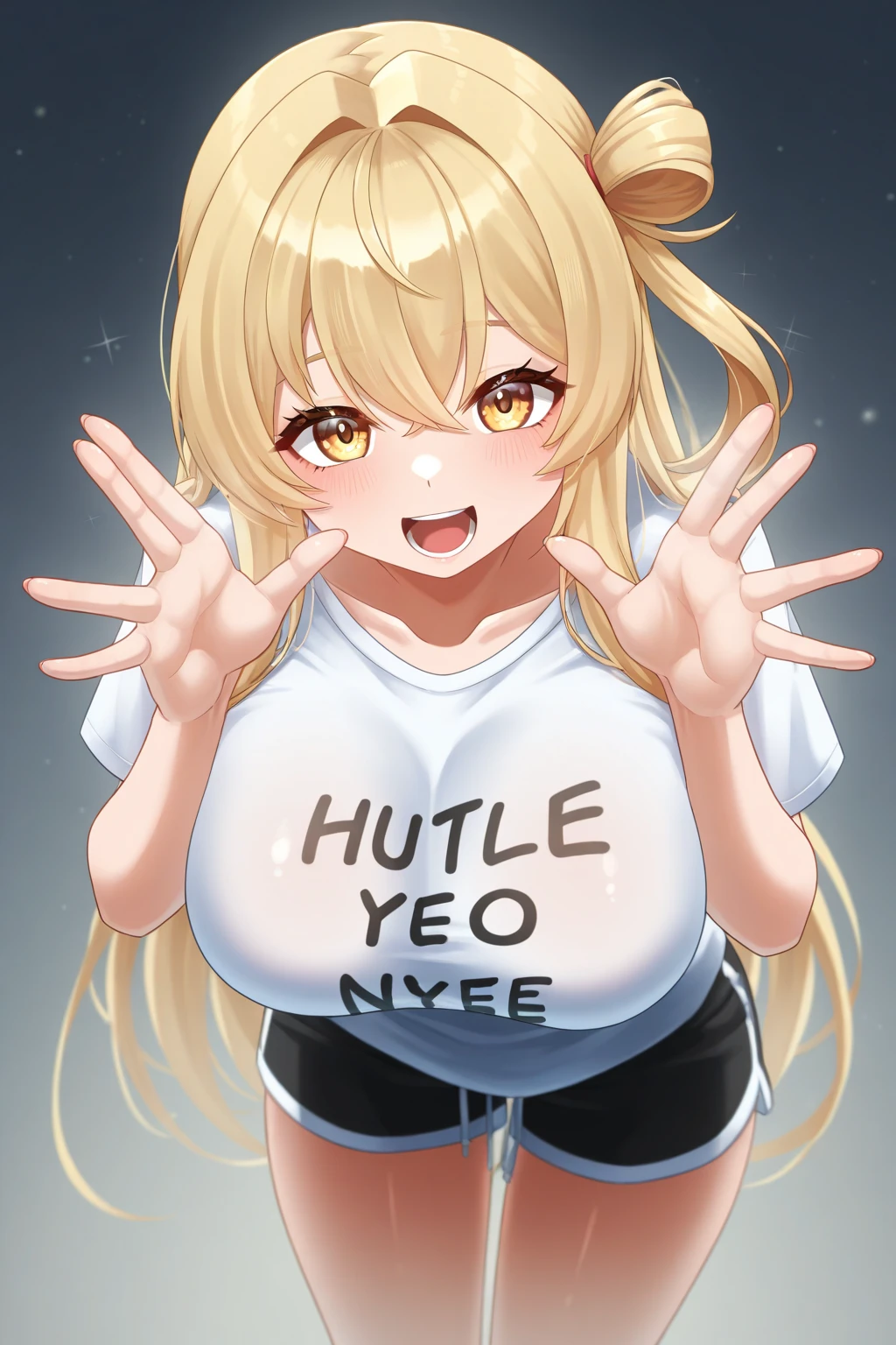 a powerful woman wearing an oversized shirt that reaches her thighs, with the text "Harl" written on the shirt, smiling with a bold expression, sitting on a chair detailed face and eyes, 8k, best quality.