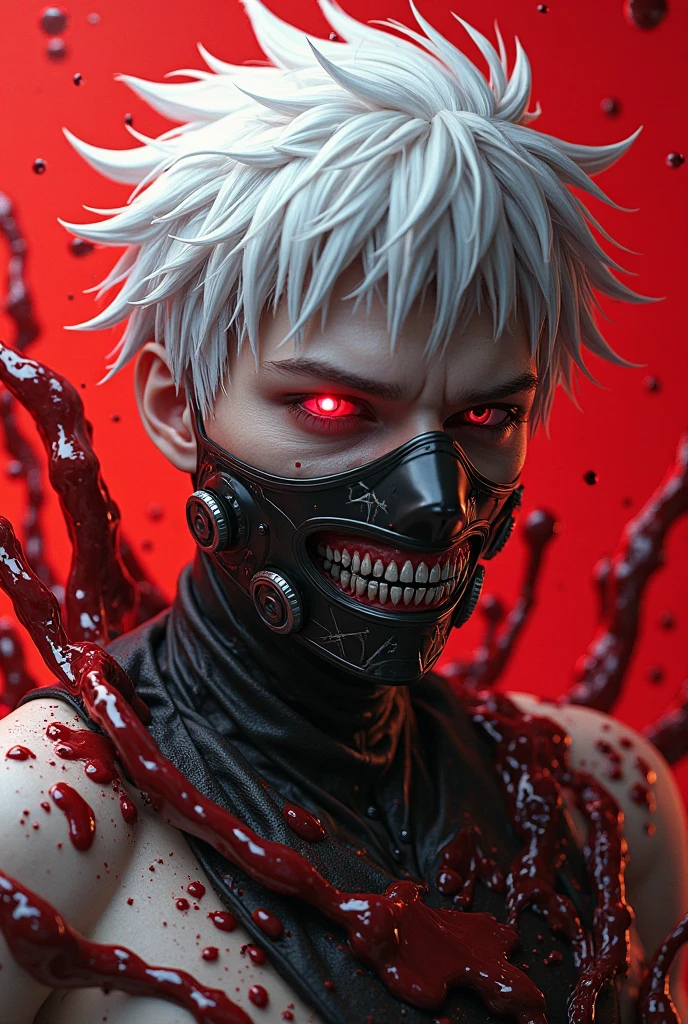 1boy,8k, anime, portrait, best quality, ultra high res, ultra detailed, black and high constrast color tone, extremely detailed lighting, cinematic lighting, soft lights, (masterpiece, high quality:1.4), (kaneki ken, white hair, red and black eye, mask | teeth, blood eyes, black clothes, scorpio tentacles), blood, ((full body)), (dynamic pose), black background, thrilling, (fierce face)