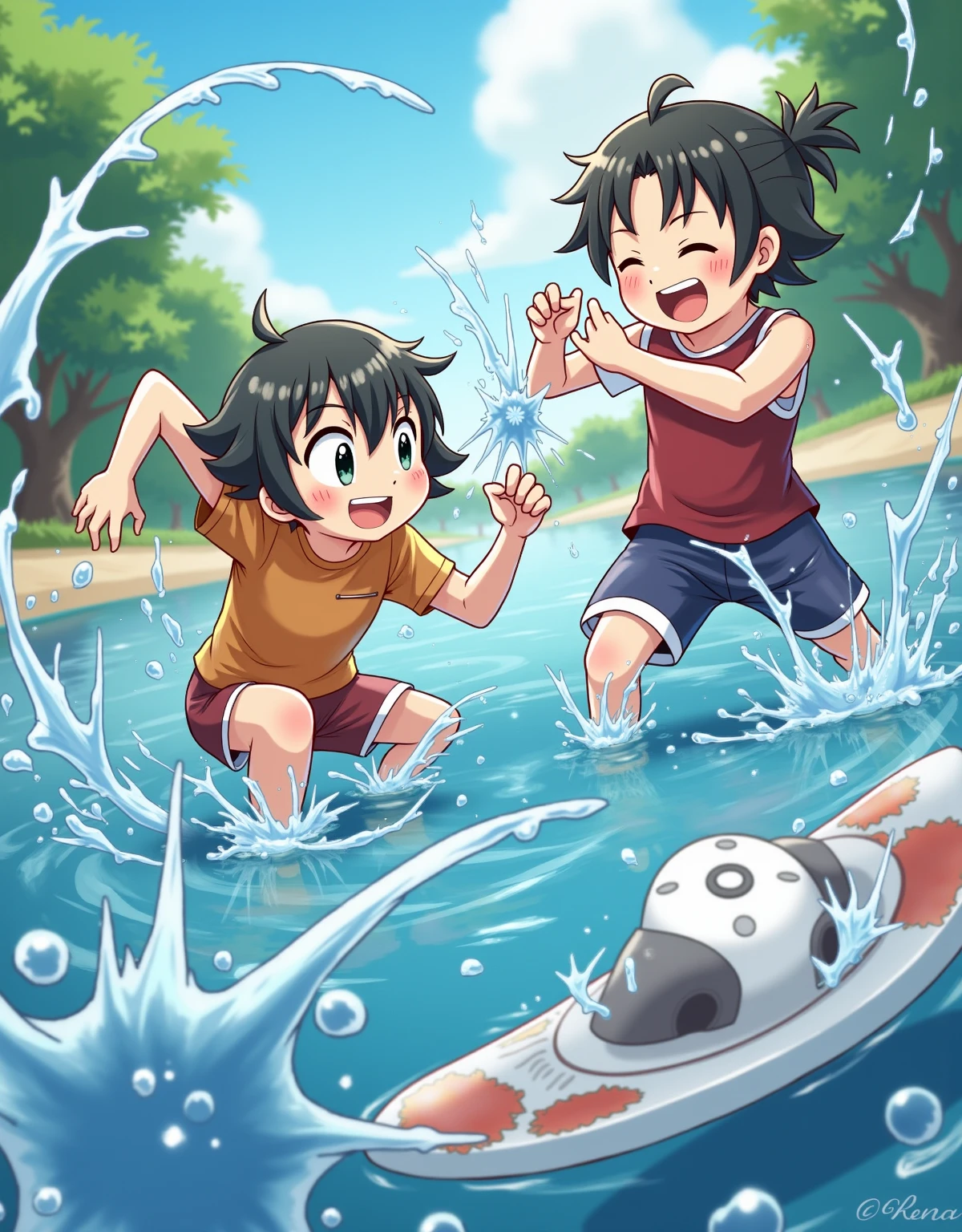 (Masterpiece, best quality), 3 boys playing in the water, smiling, fine facial features, splashes, swimsuits, lake full of flowers, lotuses, clouds, sun, clean blue sky, having fun, summer