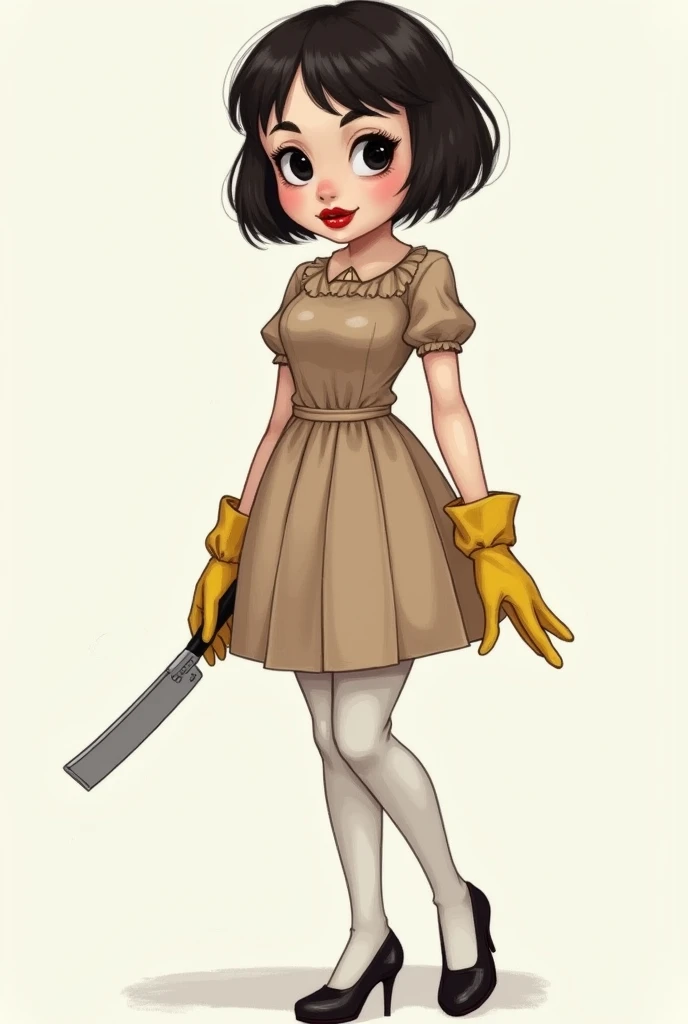 Create a retro vintage waitress teen with dark brown hair and bangs, with dark brown eyes, (((5 toes , girl kidnapped,black  toes nails,legs together, feet together, ankles tied together with ropes around both ankles, restrained hands with ropes on back,Focus full body, stand tied, with no shoes, perfect feet, in bondage))),old style drawing 50s retro vintage 