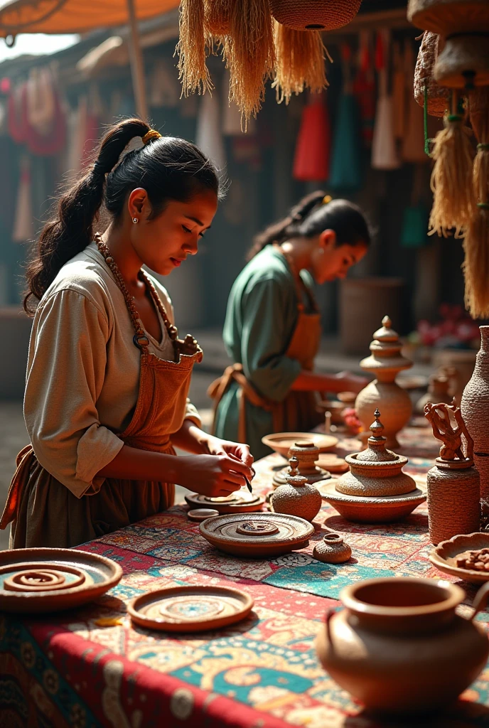 Foto RAW, 18 year old Indian with wheatish complexion yet extremely beautiful girl in old clothes making pottery, her hands skillfully shaping a clay pot on a traditional pottery wheel, her worn clothes and surroundings covered in clay, in a rustic pottery workshop with wooden beams and clay pots lined up, the scene filled with an earthy, grounded atmosphere, Photography, captured in 8k UHD, DSLR, alta qualidade, grain of film, Fujifilm XT3
