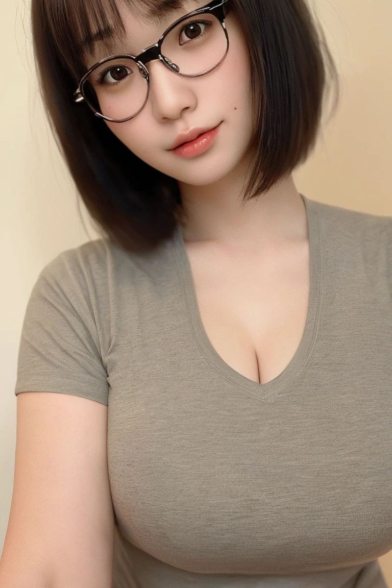 masterpiece、Top quality、Ultra-high resolution、(Photographic Realism:1.4)、((1 Girl、Fair skin:1.4、19 years old、Spotless、cute little、black haired、beaver_cut、short hair、Normal breast:1.6))((Casual wear))、(Portrait of a famous Japanese actress)、(a smile、happiness、joy、happily、Shut up)、、High detail eyes、long neck、Bangs、eyelash、big eyes、on the street、Glasses、sweater、Casual wear