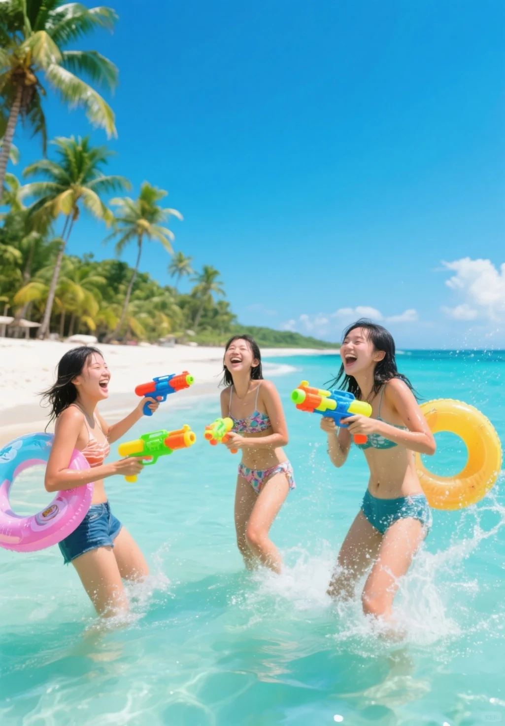 girls having fun in the pool, girls with colorful floatation devices, pool noodles, life jacket, inflatable ring, crowded public pool, tankini swimsuits, vibrant environment scene --auto --s2