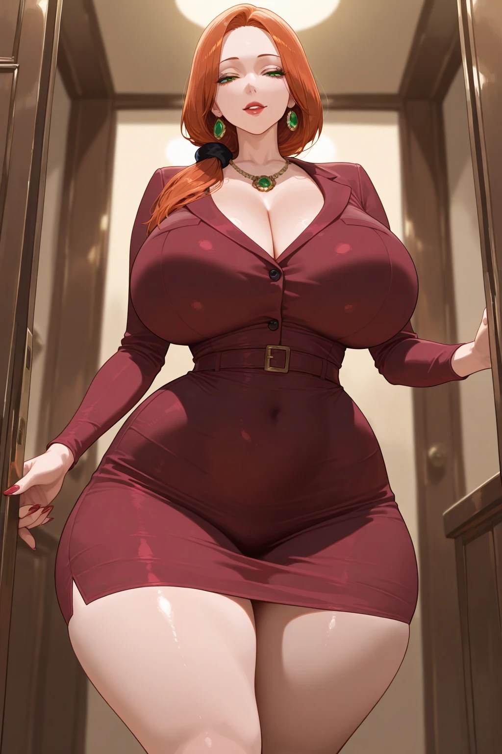 Girl, with giant breasts, Orange hair, with elegant orange dress