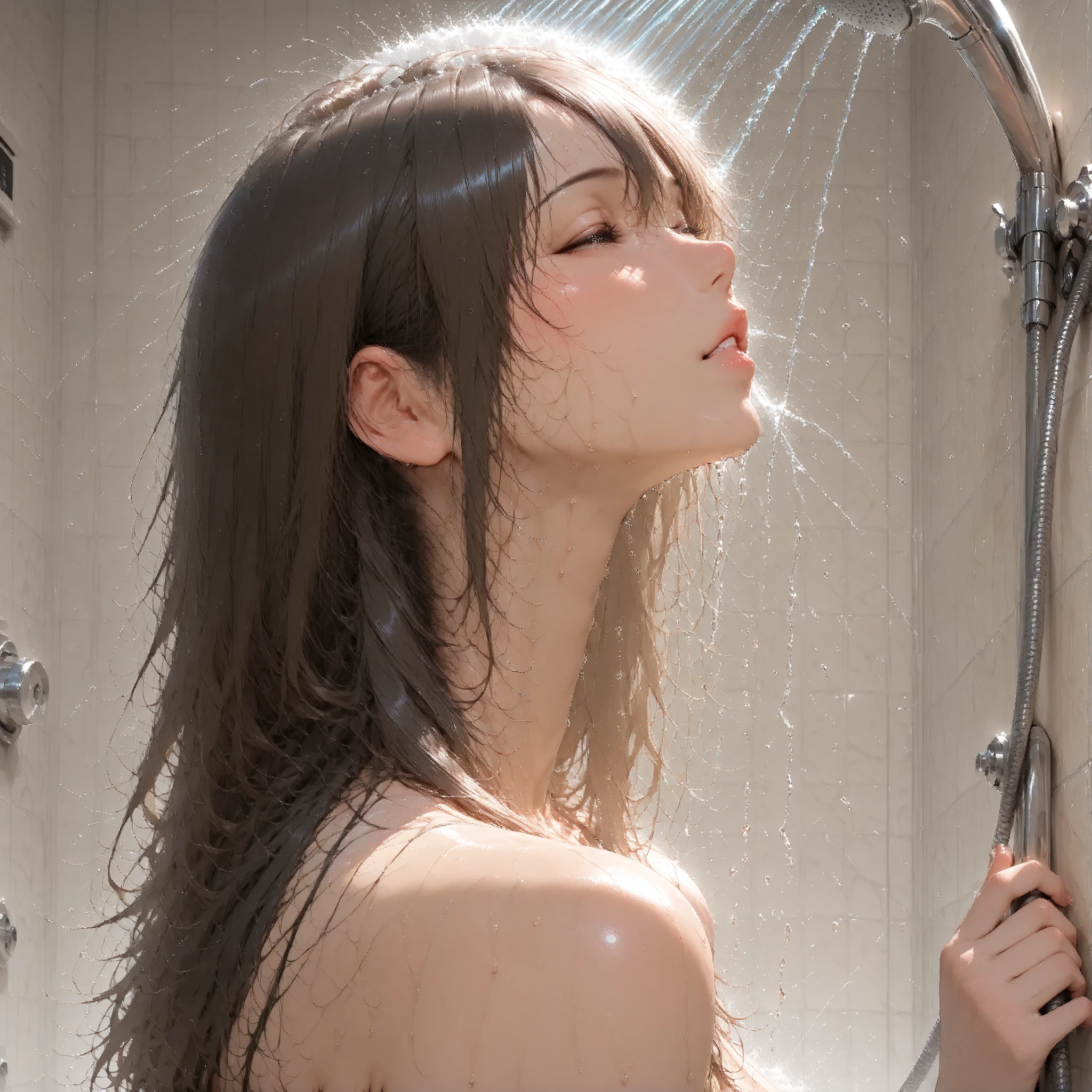 (SFW), poolside shower room, Braid hair, With bangs、(Tightly School Swimwear), Swimsuit is thin、the body is covered with juice、Sweating、be sweaty、Wet pearl skin, Ass visible through thighs, ((Wet swimsuit)), Crowd of girls, Perfect Lighting, Clear Focus, (bokeH:1.4), Roundly butts, { (shower:1.7) | Overflowing Gigantic sideboob | Butt cruck | Kissing face to face }