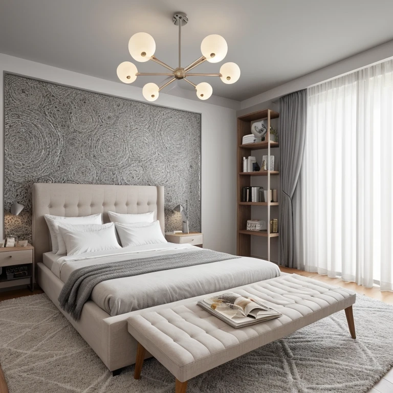 A minimalist bedroom rendered practically in white and gray tones. Room with a bed with colored bedding white and gray, headboard, a bedside table with lamps, modern chandelier, an abstract artwork on the wall, a bench at the end of the bed with decorations, light gray curtains on the window, shelves and a carpet with a wavy pattern. Ánh sáng dịu nhẹ chiếu vào phòng.
