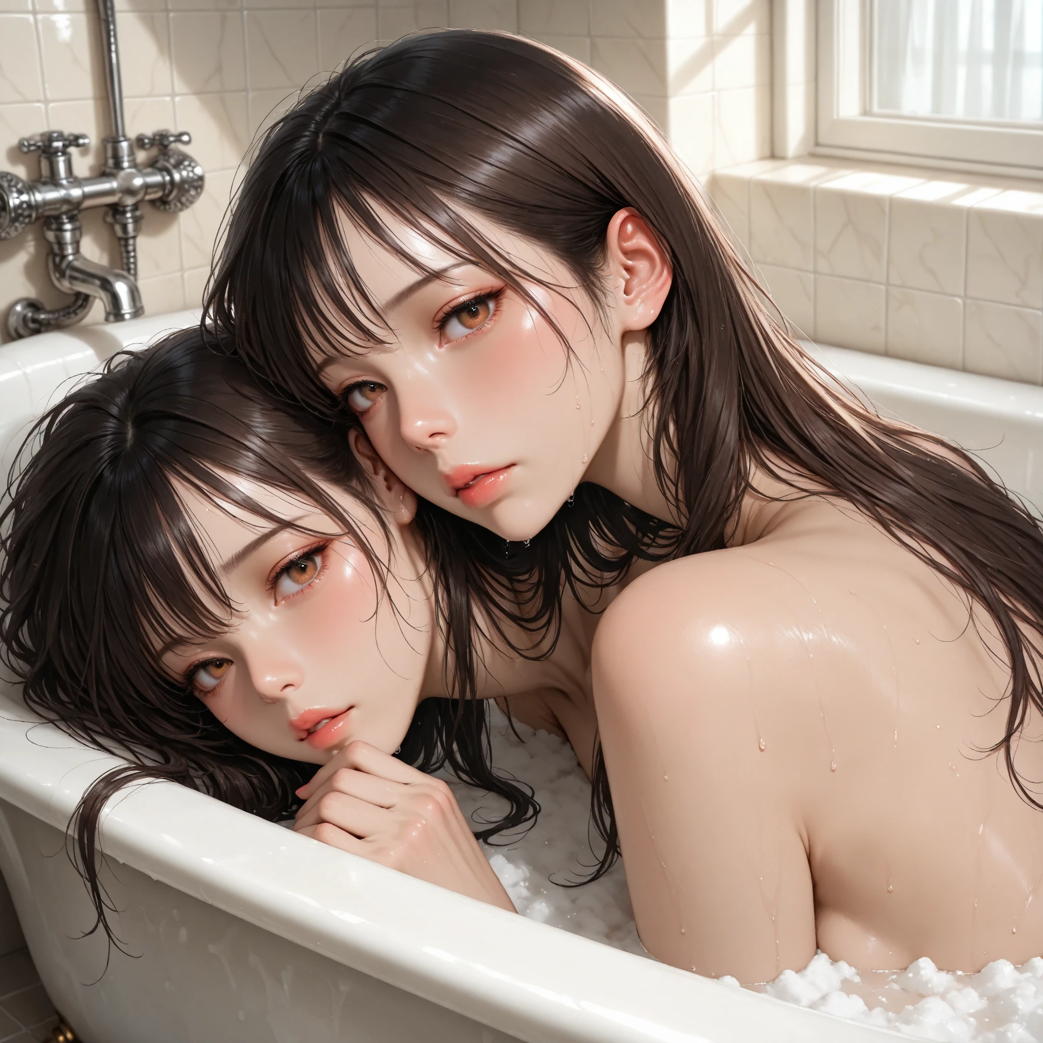 beautiful brunette woman long straight wet black hair) wrapped in a black towel((seductive daring pose, in the bath, taking a bath, water drops on the skin and splashes, back with water drops, cute)), (full length), ( (baroque style drawings of curls on the wall)), candles, close-up (detailed face), bathroom, (Masterpiece: 1.3), (best quality: 1.3) --auto --style anime-imagine -