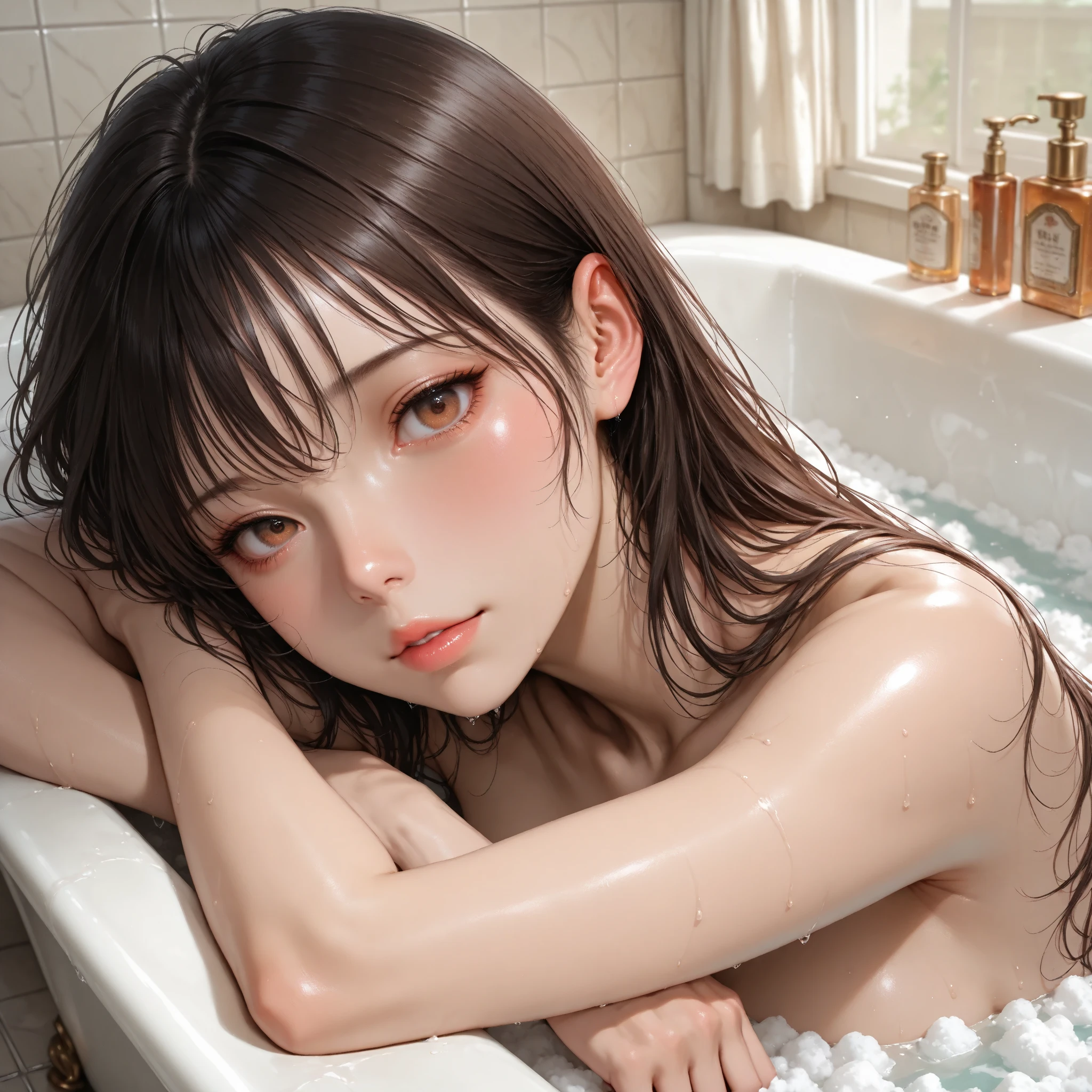 masterpiece, soft details, Realistic Hair Caricature Details, Ultra HD, Realistic eye detail, girl, bath, Water torture, half-open eyes, girl의 bath에 잠기다, girl의 머리를 누르는 남자