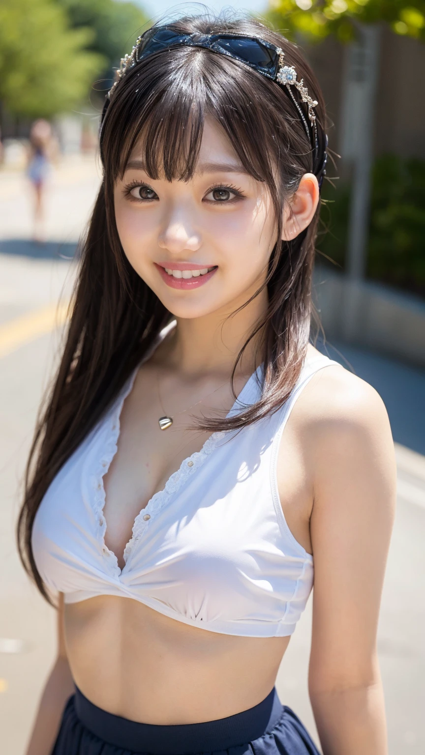 (Best-quality, Masterpiece, Ultra-High-Resolution, (Photorealistic:1.4), Raw Photo, depth of field, professional lighting, perfect ???????, extremely details), (((at street in summer))), (1girl, 15-years-old, the most famous Japanese idol, wearing light-pink cute-lacy summer-dress, looking at viewer, innocent smile), (((Sweating))), (((extremely beautiful and extremely realistic flushed-skins))), (((extremely cute and extremely pretty face soaked with sweat))), (((extremely cute and extremely big black-eyes))), (extremely beautiful black-long-straight-hair soaked with sweat), (extremely cute flushed-cheeks), (extremely beautiful long-eyelashes), (extremely beautiful moist-lips), (extremely beautiful body soaked with sweat), (extremely beautiful thighs soaked with sweat)