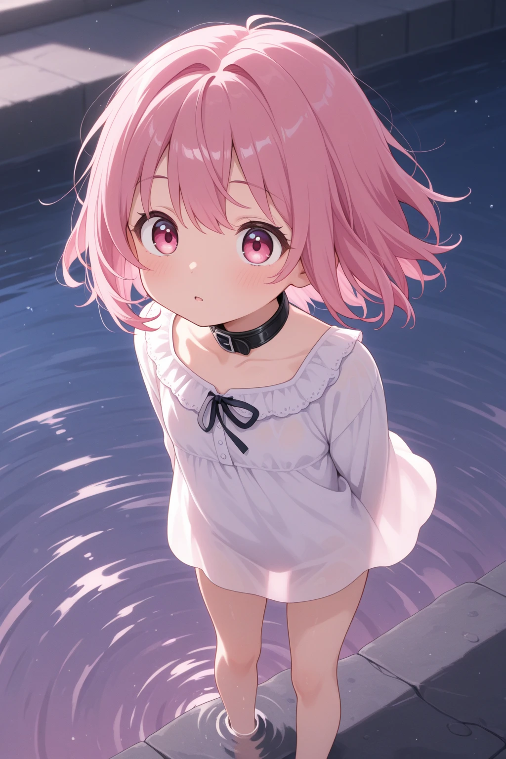 The background is on the street on a rainy day，It was raining heavily in the sky，There are a lot of passers-by holding umbrellas nearby，The camera faces the ground，A pink-haired teenage girl（Pink Long Hair，dual horsetail，Cat ears，Pale pink eyes，Squatting position，The upper body is wearing a white skirt，The lower body is not dressed，Bare lower body，legs separated，Private areas exposed，female genital，A white viscous liquid flows from the female genitalia，adorable expression）