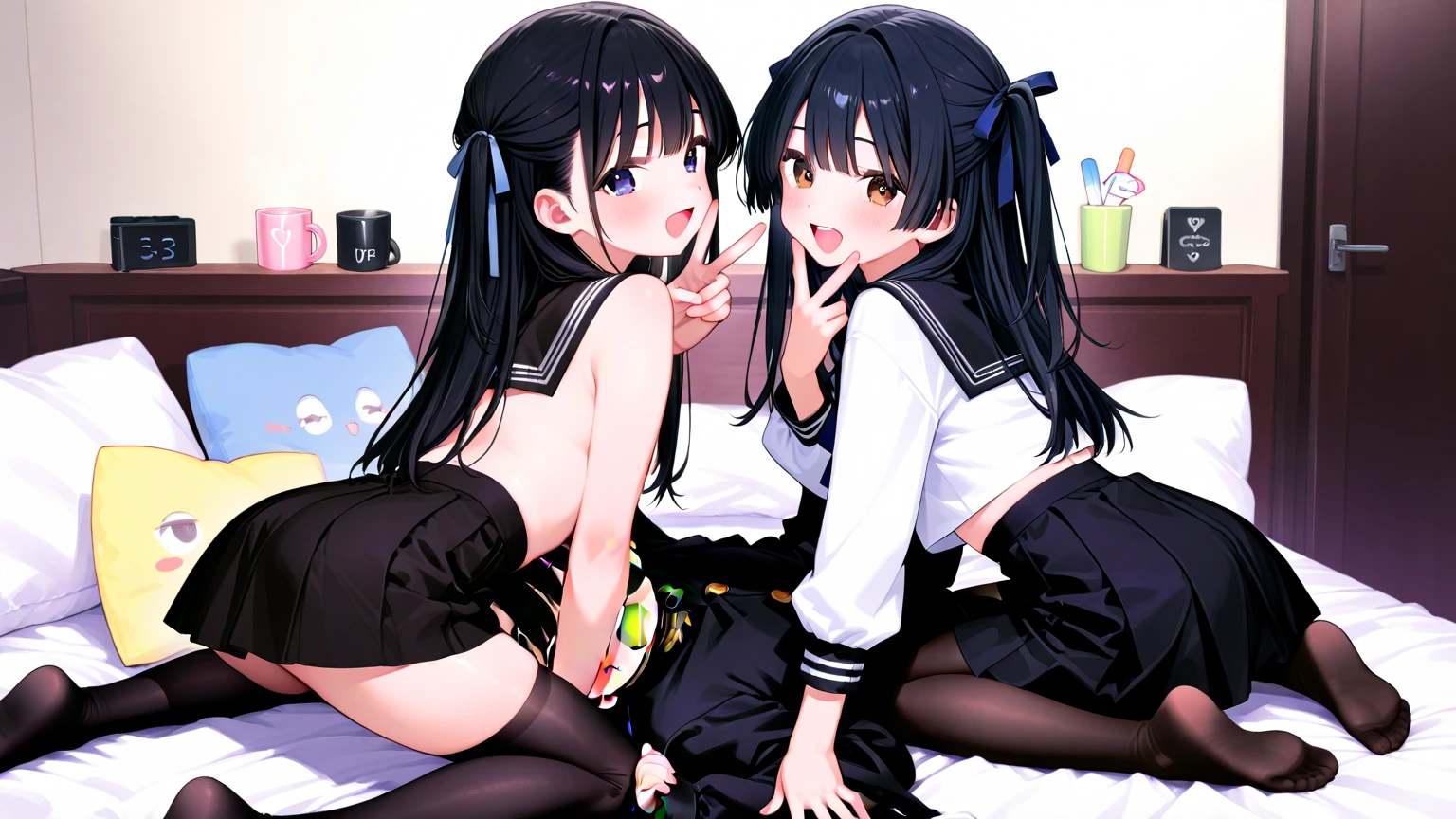 (8k, 最high quality)、Ultra-high resolution、adorable、最high quality, beautiful, Absurd beauty,((Two Girls)), semi-long, Black Hair、Brown Hair,Dark brown eyes, Open your eyes, Healthy Skin, Hair Ribbon、uniform、 14 years old,  (cryin) ,Cute Characters, Most detailed, high quality、(missionary, boy, penis, lying, vaginal, ass pov, sex, nsfw)、nose blush、steam、Shiny Hair、Very fine and beautiful bright eyes、be scared、Very detailed, clear and beautiful face, Being stripped of clothes、Slender body、Awards, Anatomically correct、((Scared))