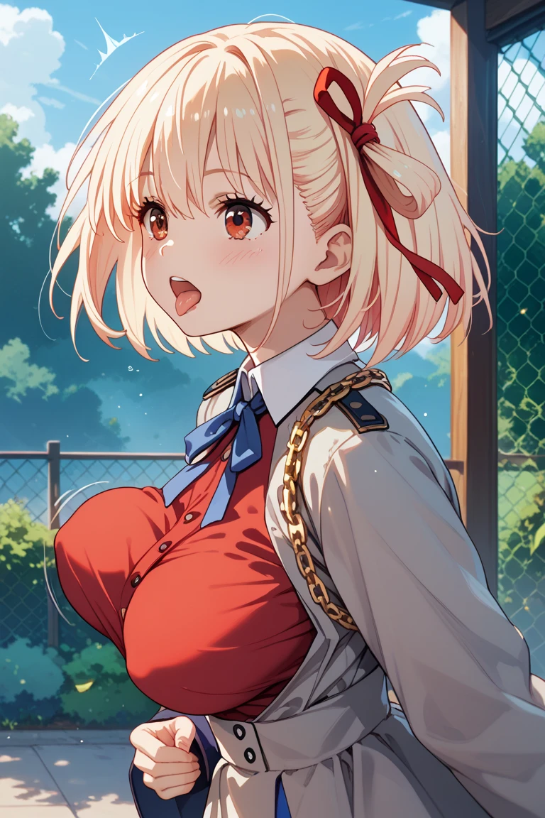 score_9, score_8_up, score_7_up, source_anime,1girls,chisato nishikigi, short hair, bangs, blonde hair, red eyes, hair ribbon, one side up, bob cut, smile, shirt, long sleeves, dress, ribbon, white shirt, collared shirt, belt, neck ribbon, (red dress), blue ribbon, pleated dress, grey dress, two-tone dress, red belt, lycoris uniform, large breasts, half updo, japanese style room, tatami, futon, night, 1boy, paizuri, , facial, one eye closed, seductive smile, steam, sound effects, uncensored, motion lines, motion blur, trembling