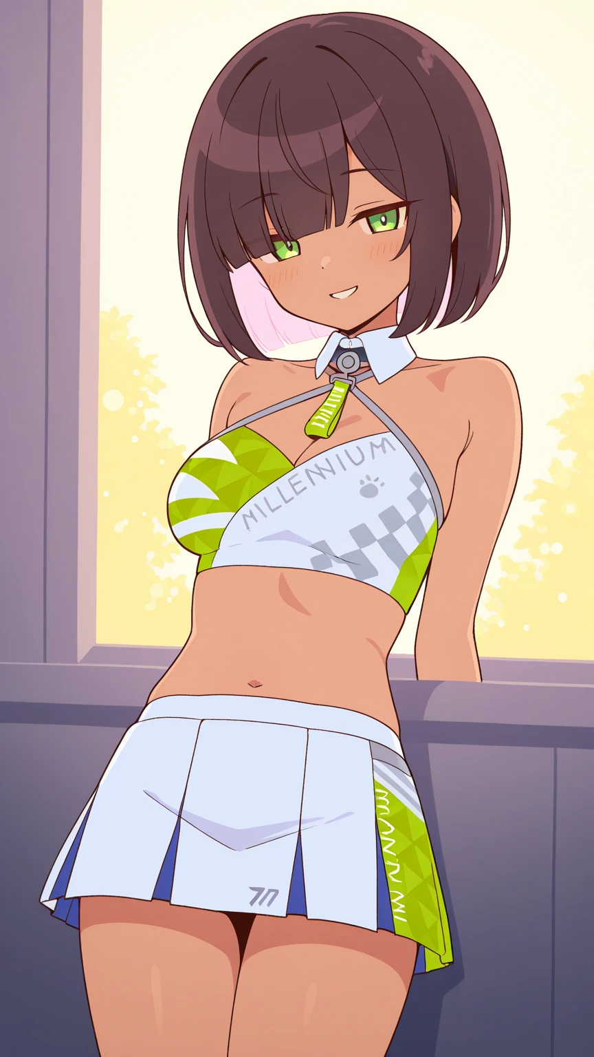 (8K、Highest image quality、highest quality、masterpiece)、A detailed face、1 girl、Short black hair、blunt bangs、Green eyes、piercings、((brown skin))、((tanned skin))、 She smiles, small breasts, he wears a suit while working in his office