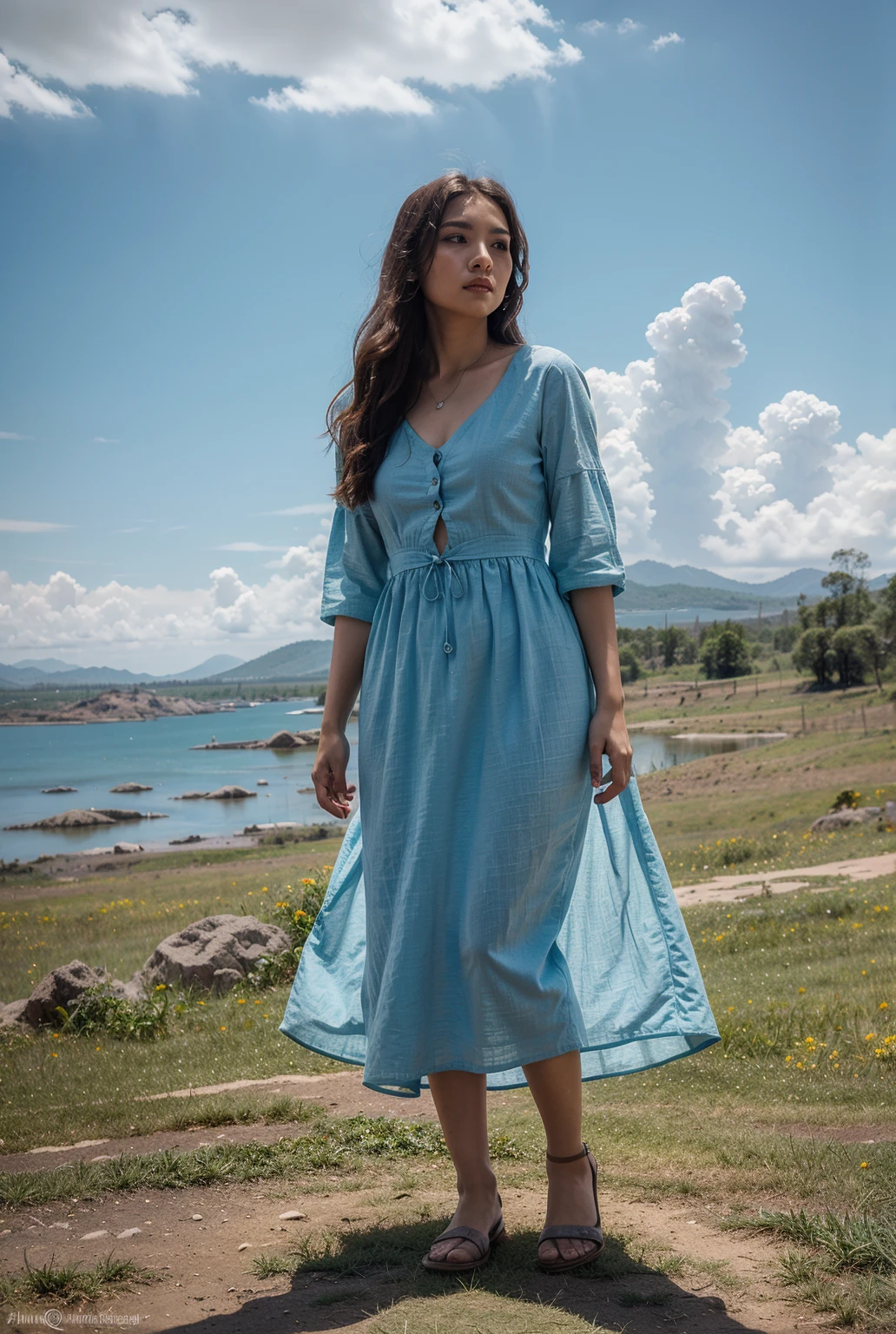 Generate me a model top with a magnificent ultra real face very detailed in 8k, a wonderful summer outfit ,Jewelry,accessories, a landscape with a magnificent lake 