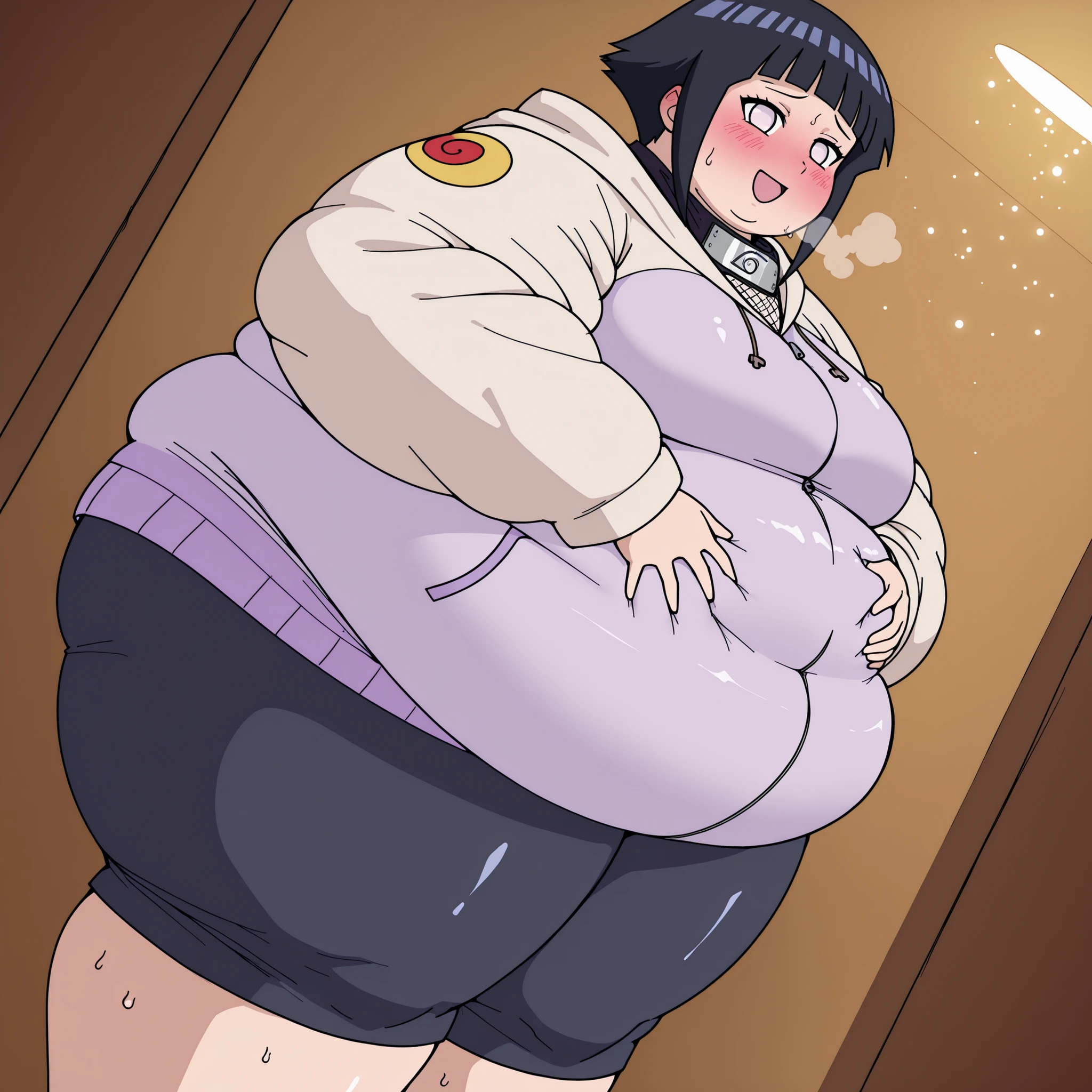 (masterpiece), 4K, obese 1girl, obese hinata_hyuuga, portrait, short hair, blue hair, blunt bangs, obese loli, big cheeks, cute, fat arms, fat belly, sidelocks, white eyes, no pupils, thick thighs, fat body, hoodie, jacket