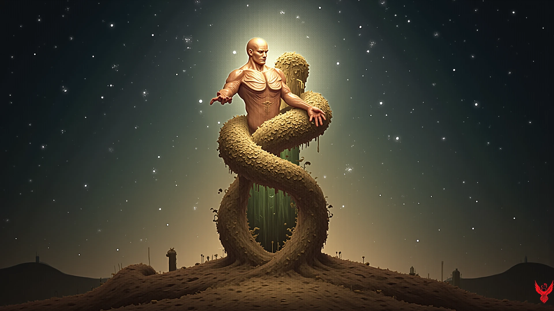 back view, surrealistic painting portrait of a man, naked, surrealism art, hi detaled, highly detailed, surrealistic landscape background, surrealistic illustration, solo, masterpiece, best quality:1.2, surrealism background