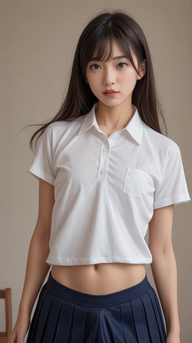 the Extremely Detailed CG Unity 8K Wallpapers、top-quality、ultra-detailliert、​masterpiece、realisitic、Photo Real、extremely detailed cute girl、20yr old、(skirt rift)、((skirt lift by yourself))、Black panties、panties focus、red blush、cparted lips、looking at the viewers、Semi-body shot、Wearing a ruffled shirt、(My clothes were very wet.、seem)、(Colossal tits)、(Own room)、bluntbangs