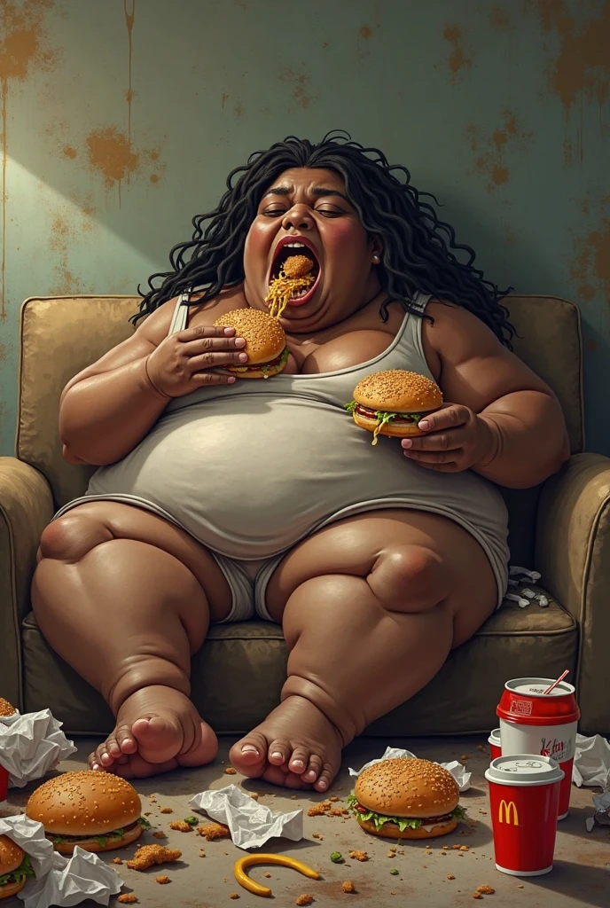 (Masterpiece, best quality, highres:1.3), (realistic:1.2), 1girl, (obese:1.4), (USSBBW), (fatblob:1.4), (immobile:1.4), (detailed, beautiful face:1.4), (african-american:1.2) woman, (massive belly:1.3), fast food worker, pleased, satisfied