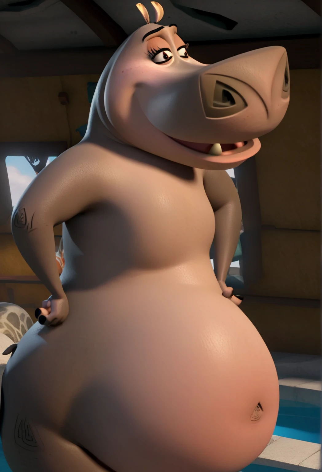ultra detailed), a beautiful and detailed full size portrait of a female anthro gloria, Hippopotamus, non-mammal breasts, looking at viewer, against wall, arms on wall, black eyes, bedroom_eyes, front view, detailed eyes, big body, sexy body, fat body, chubby body, (natural curvy body proportions:1.15). (wide body). tan_countershading, tan body, goddess, kenket, Ross Tran,ruan jia, trending on artstation,foxovh, cenematic lighting, big butt, big breaths, high angle view, butt, showing butt, feets visible, sad, open mouth, standing, night, rear view, ((wet)), detailed stone hallway, old swamp, trees, stairs, little rocks, background,
