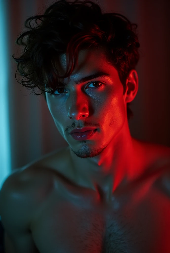 young European man, with short black hair , red eyes , smirking, dressed in a unbuttoned shirt, normal slim body figure ,slowly undressing , red , lighting , red eyes, red highlights on body , 8k