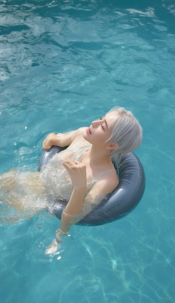 Shirtless muscular man with white hair and water-colored eyes, lifted arms, wearing thong, sitting, spread legs, hairless underarms