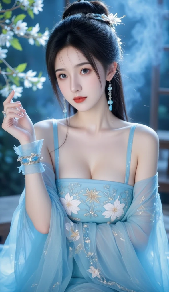 ((best quality, 8 thousand, masterpiece:1.4)), (1 25-year-old woman), ((very small face:1.3)), (glowing skin:1.5), (huge cleavage tits:1.4), Highly detailed face and skin texture, detailed eyes, sitting on the stone steps, Han bok, korean Han bok, Hanfu, Han bok apron, beautiful south Korean woman, traditional dress, traditional art, Korean woman, (Open shoulder strapless Korean traditional clothing:1.4), Oudong,