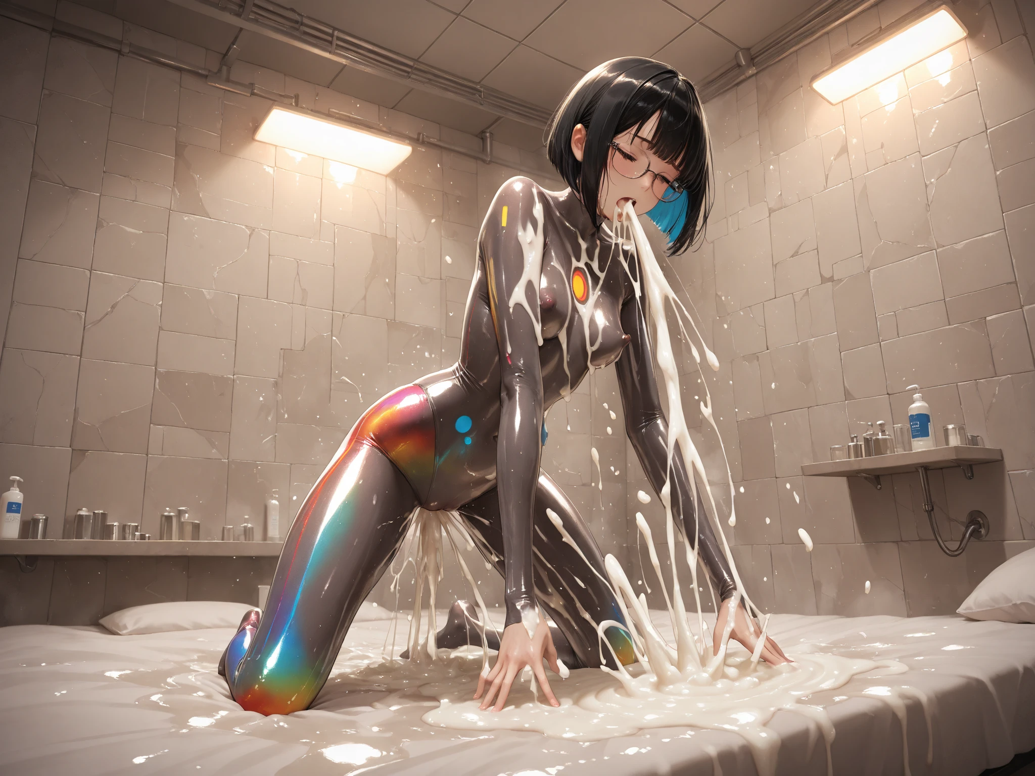 masterpiece, 1girl, Toph, Blind, fire nation, latex clothes, shiny skin, latex skin, high heels, standing, whole character in view, latex bodysuit, crotchless bodysuit, chastity cage, flat chastity cage, testicles, undersized chastity cage, dripping cum from chastity cage, rubber hair, shiny hair, reflective hair, latex hair, solid hair, latex hair, rubberized hair, plastic hair, super shiny skin, 3dcg, 3d style, blender, blender style, Toph, blind, latex clothing, squatting, high heels, lipstick, lips, latex platform heels, transparent platform heels, toe ring, squatting over dildo, dildo squatting, dildo in ass, anal, futanari, hosecock futanari, horsecock, hard nipples, shiny clothing, latex clothing, rubber clothing, shiny clothes, latex clothes, rubber clothes, corset, latex corset, cock leaking cum, cum on feet, transparent platform high heels, transparent high heels, transparent heels, bathroom stall, glory hole, huge horsecock in glory hole, sucking horse cock, bedroom eyes, cum on face, eyes rolling back, both hands on cock, sweating, steamy, cum on floor, rubber hair, horny, sucking horsecock in glory hole, sucking cock, fellatio, fellating horsecock, pleading eyes, nipple barbells, latex thigh highs, stirup thighhighs, green nails