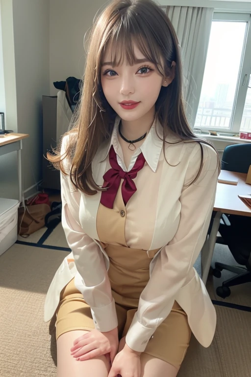 one girl, (A beauty girl, Delicate girl:1.3), (14 years old, Gal:1.3),
break, (Wearing a uniform with a blazer and a checked skirt:1.3),
break, Very fine grain definition, (Symmetrical eyes:1.3),
break, (bedroom:1.2),
break, Large Breasts, Brown eyes, Parted bangs, Brown Hair, ponytail,
break, (Eyes and facial details:1.0),
break, (masterpiece, highest quality, Super detailed, Detailed face, 8k)  