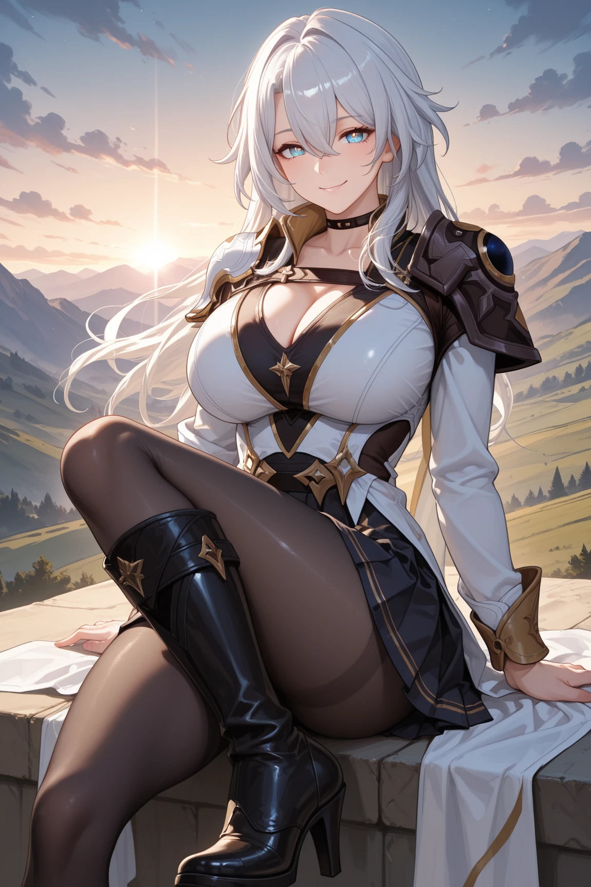 Ultra-high definition image quality、beautiful girl、Female Swordsman、Light Armor、Greeboots、Long Hair、Silver Hair、20-year-old、have confidence々face、Very short tight skirt、Sexy stance、Cowgirl、wilderness、Highest quality,Big Ass、Big Breasts、Thighs、god槍グングニルを握る、Black luxurious embroidered lace panties、Kick off with your feet and jump、Joan of Arc style clothing、Wind King Barrier、Her hair is fluttering in the wind、The Sword of Promised Victory、god々Wearing a bright aura、Big Ass、Valkyrie the War Maiden、Crotch close-up、Angle from directly below、Steam from the crotch