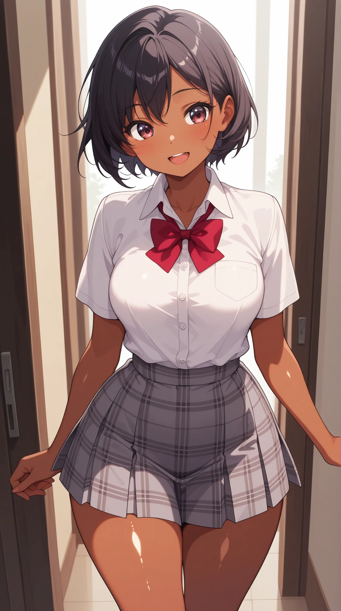 (8k ultra HD quality, best quality, art, high quality, perfect light, absurd, ultra detailed: 1.21, woman, alone, dark-skinned woman, black hair, dark skin, big breasts, sexy, Japanese school costume, portrait, black knee-high socks, sexy student, parted lips, dark eyes, looking at viewer, Japan street background, huge breasts, small sample, sexy, olive skin, dark skin, holding breasts, wallpaper, short skirt, high school girl sexy.