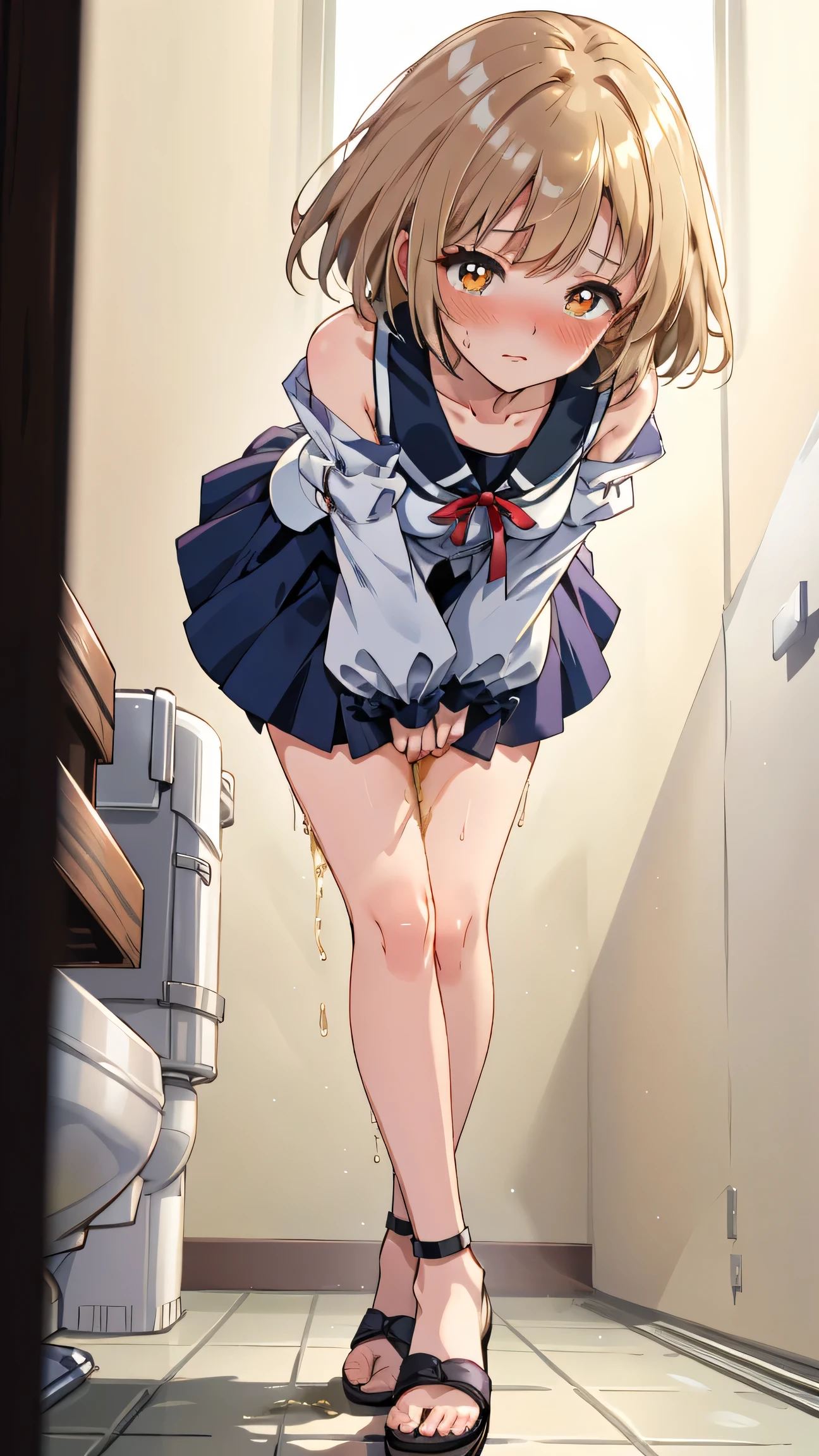 ((masterpeice, best quality)) perfect face, cinematic lighting, 1girl, solo, (tanned skin:1.2), (streets with tall buildings:0.7), (twintail), (blonde hair, blue eyes:0.7), sailor uniform, holding shoulder bag, (running shoes:0.7), big breast, (squirting, Peeing urine from her, urine, peeing:1.2) perfect face, beautiful face, beautiful eyes, (rib, slim body:1.3) (black stockings:1.2), looking at viewer, blush, red faced, (spread legs), (wet panties:1.6), (wet skirt:1.6), accurate body parts,
